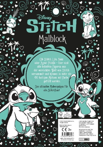 Buchcover und Innenansicht für das Buch: Disney Stitch: Malblock: über 60 lustige Motive zum Ausmalen!