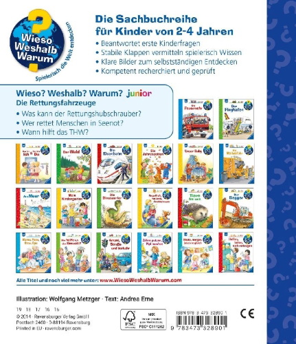 Buchcover und Innenansicht für das Buch: Wieso? Weshalb? Warum? junior, Band 23: Die Rettungsfahrzeuge