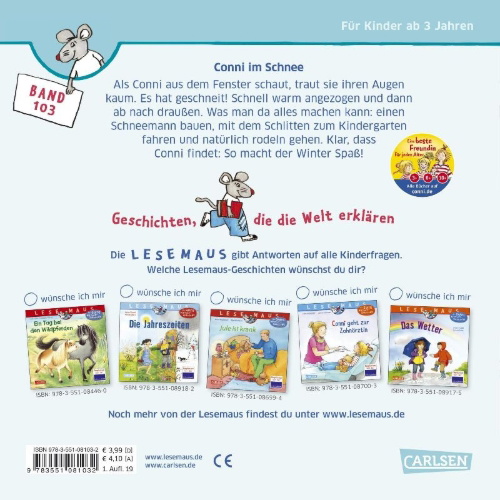 Buchcover und Innenansicht für das Buch: LESEMAUS 103: Conni im Schnee