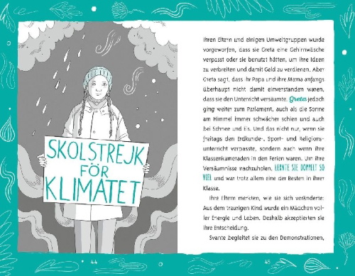 Buchcover und Innenansicht für das Buch: Jeden Freitag die Welt bewegen - Gretas Geschichte
