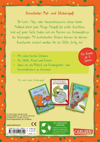 Buchcover und Innenansicht für das Buch: Mein Malblock: Dinosaurier