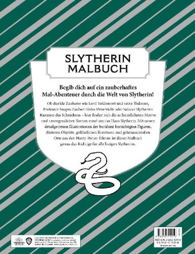 Buchcover und Innenansicht für das Buch: Aus den Filmen zu Harry Potter: Das offizielle Malbuch: Slytherin