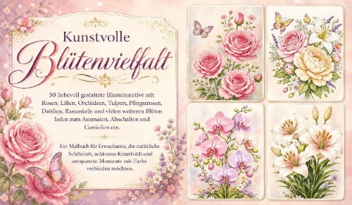 Buchcover und Innenansicht für das Buch: Blumen Malbuch für Erwachsene mit 50 schönen Ausmalmotiven