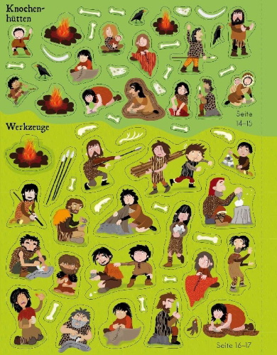 Buchcover und Innenansicht für das Buch: Mein Stickerbuch: Willkommen in der Steinzeit