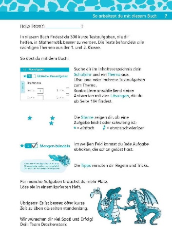 Buchcover und Innenansicht für das Buch: Team Drachenstark: Kurztests Mathe 1./2. Klasse