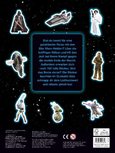 Buchcover und Innenansicht für das Buch: Disney Star Wars: Der große Glow-in-the-Dark-Stickerspaß: Stickern - Rätseln - Ausmalen