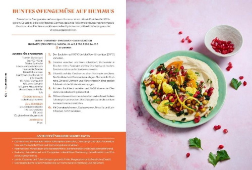 Buchcover und Innenansicht für das Buch: Healthy Food, Happy Me - Antientzündliche Ernährung für Frauen