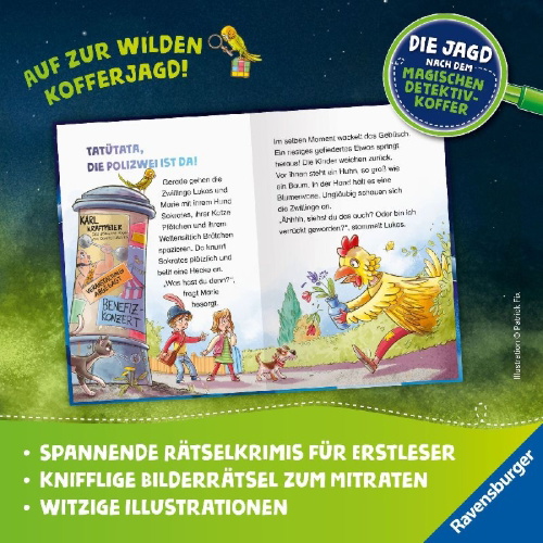 Buchcover und Innenansicht für das Buch: Die Jagd nach dem magischen Detektivkoffer, Band 3: Hühnerdieb gesucht!