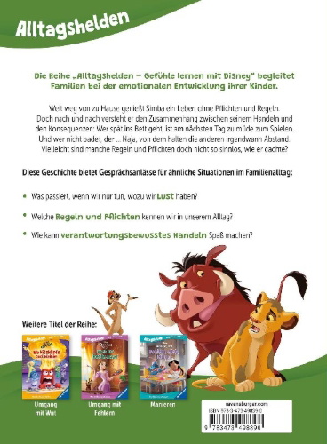 Buchcover und Innenansicht für das Buch: Alltagshelden - Gefühle lernen mit Disney: Disney Der König der Löwen - Keine Pflichten, keine Sorgen? Über Verantwortung und Selbstständigkeit