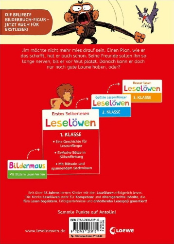 Buchcover und Innenansicht für das Buch: Leselöwen 1. Klasse - Jim ist mies drauf - Wer braucht schon gute Laune?