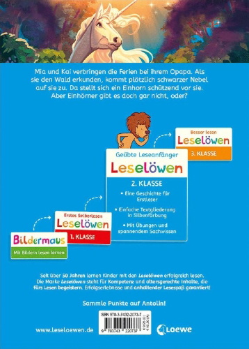 Buchcover und Innenansicht für das Buch: Leselöwen 2. Klasse - Das Geheimnis des weißen Einhorns