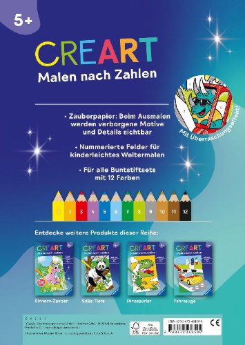 Buchcover und Innenansicht für das Buch: CreArt Malen nach Zahlen ab 5 - Zauberpapier: Dinos auf der Baustelle