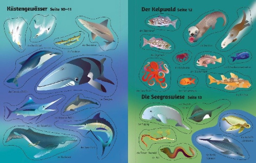 Buchcover und Innenansicht für das Buch: Mein erstes Stickerbuch: Leben im Meer