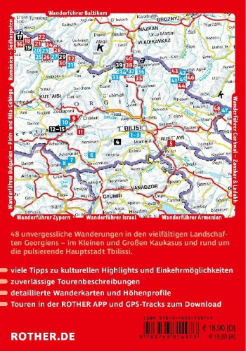 Buchcover und Innenansicht für das Buch: ROTHER Wanderführer Georgien. 48 Touren im Kleinen und Großen Kaukasus und rund um Tbilissi