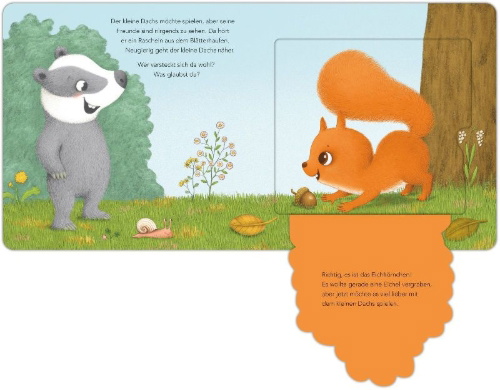 Buchcover und Innenansicht für das Buch: Komm und such mich! sagt der kleine Dachs