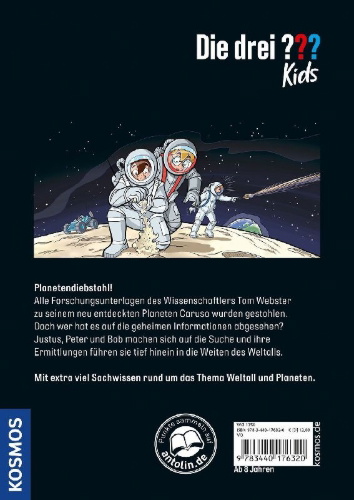 Buchcover und Innenansicht für das Buch: Die drei ??? Kids Diebstahl im All