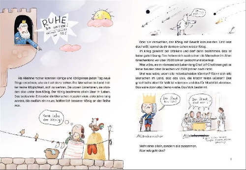 Buchcover und Innenansicht für das Buch: Warum haben wir keinen König? - Kinderfragen zur Demokratie verständlich erklärt