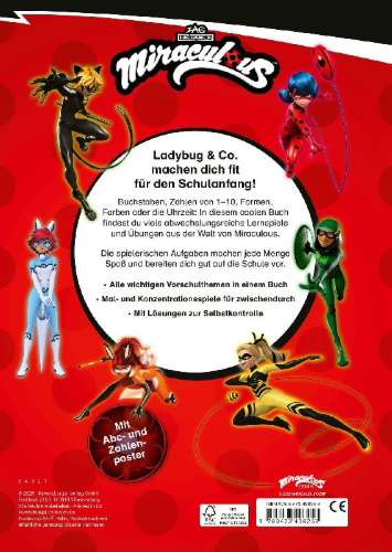 Buchcover und Innenansicht für das Buch: Miraculous: Das große Vorschulbuch - Buchstaben, Zahlen, Konzentration