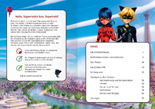Buchcover und Innenansicht für das Buch: Miraculous: Das große Vorschulbuch - Buchstaben, Zahlen, Konzentration