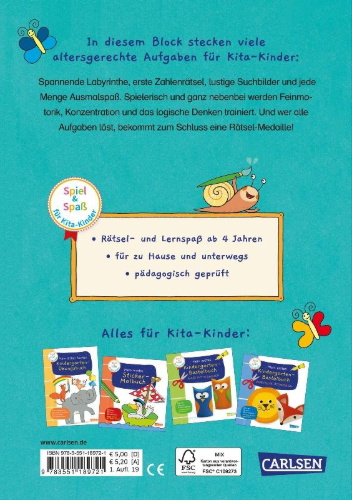 Buchcover und Innenansicht für das Buch: Spiel+Spaß für KiTa-Kinder: Mein bunter Kindergarten-Übungsblock
