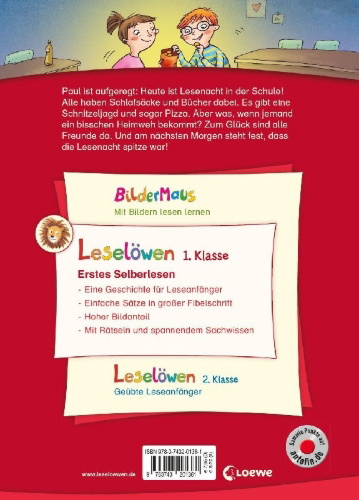 Buchcover und Innenansicht für das Buch: Leselöwen 1. Klasse - Lesenacht im Klassenzimmer