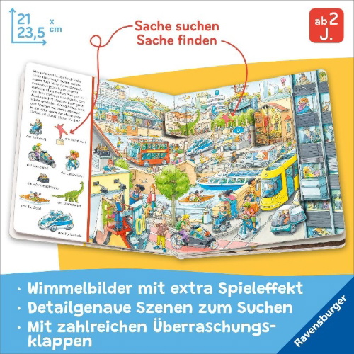 Buchcover und Innenansicht für das Buch: Mein Sachen suchen Wimmelbuch: In der Stadt