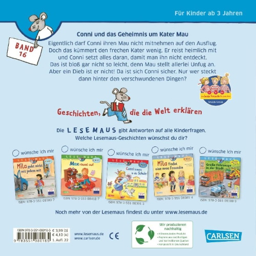 Buchcover und Innenansicht für das Buch: LESEMAUS 16: Conni und das Geheimnis um Kater Mau