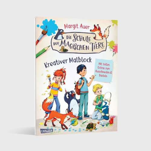 Buchcover und Innenansicht für das Buch: Die Schule der magischen Tiere Beschäftigung: Kreativer Malblock