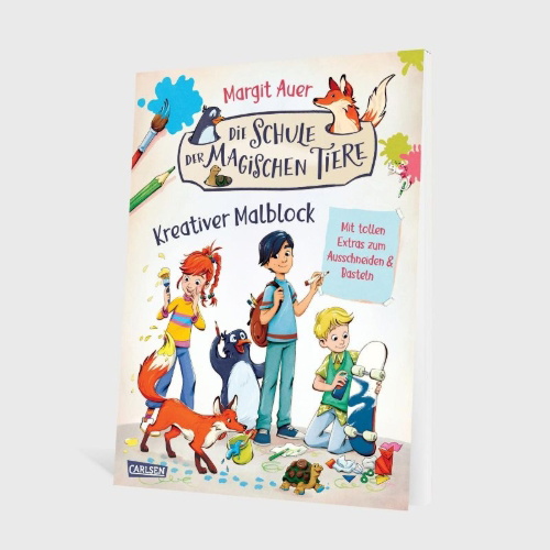 Buchcover und Innenansicht für das Buch: Die Schule der magischen Tiere Beschäftigung: Kreativer Malblock