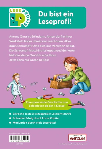 Buchcover und Innenansicht für das Buch: Leseprofis - Die total verrückte Schrumpf-Maschine, 1. Klasse
