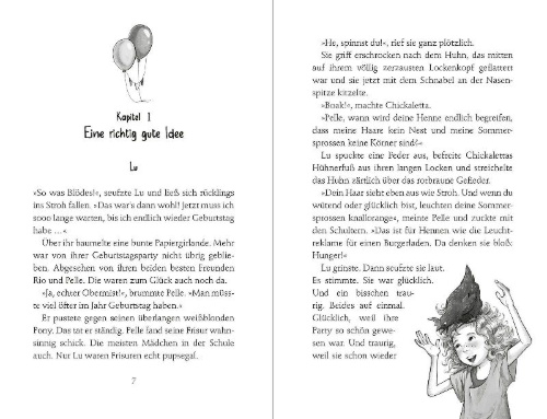 Buchcover und Innenansicht für das Buch: Die Geburtstagsbande. Auf die Plätze, fertig, feiern!