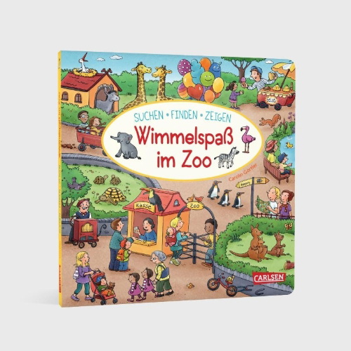 Buchcover und Innenansicht für das Buch: Wimmelspaß im Zoo