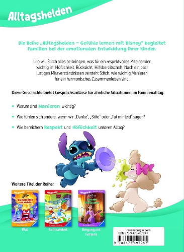 Buchcover und Innenansicht für das Buch: Alltagshelden - Gefühle lernen mit Disney: Disney Lilo & Stitch - Benimm dich, Stitch! Über Manieren und Respekt.