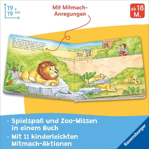 Buchcover und Innenansicht für das Buch: Füttere die Affen! Mein Zoo-Mitmachbuch