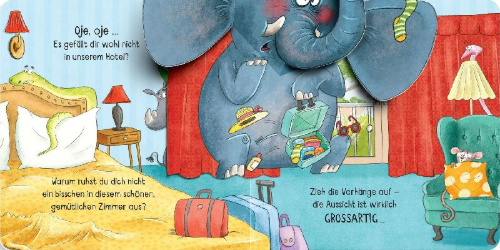 Buchcover und Innenansicht für das Buch: Mein verrücktes Pop-up-Klappenbuch: Achtung, Flusspferd im Klo!
