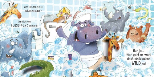 Buchcover und Innenansicht für das Buch: Mein verrücktes Pop-up-Klappenbuch: Achtung, Flusspferd im Klo!