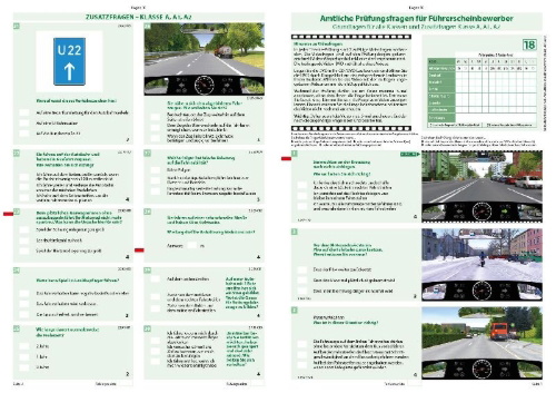 Buchcover und Innenansicht für das Buch: Führerschein Fragebogen Klasse A, A1, A2 - Motorrad Theorieprüfung original amtlicher Fragenkatalog auf 71 Bögen