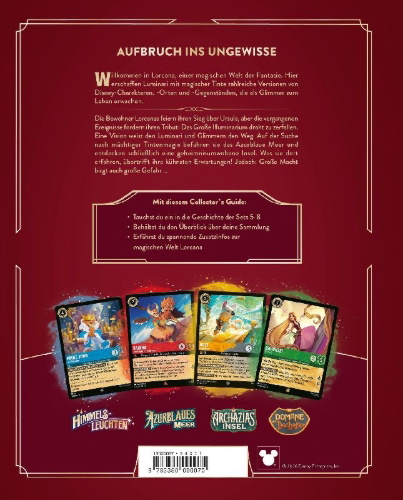 Buchcover und Innenansicht für das Buch: Disney Lorcana Trading Card Game - Der offizielle Collector's Guide: Sets 5-8 - Buch zum Spiel