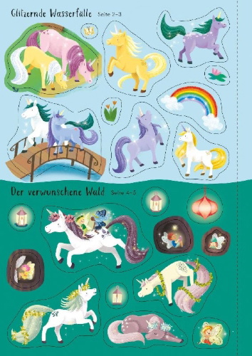 Buchcover und Innenansicht für das Buch: Meine glitzernde Stickerwelt: Magische Einhörner