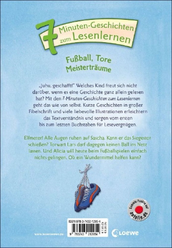 Buchcover und Innenansicht für das Buch: Leselöwen - Das Original - 7-Minuten-Geschichten zum Lesenlernen - Fußball, Tore, Meisterträume
