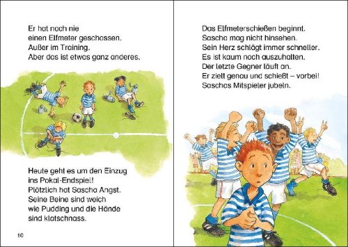 Buchcover und Innenansicht für das Buch: Leselöwen - Das Original - 7-Minuten-Geschichten zum Lesenlernen - Fußball, Tore, Meisterträume