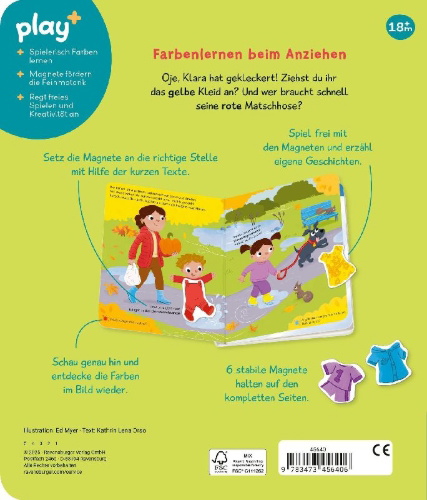 Buchcover und Innenansicht für das Buch: Play+ Mein Spiel mit-Magnetbuch Komm, wir lernen die Farben - ab 18 Monate