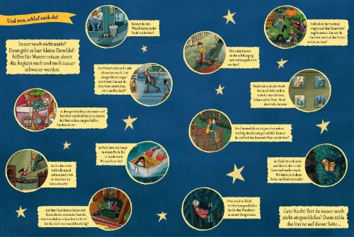 Buchcover und Innenansicht für das Buch: Sterne, Mond und Kuschelzeit. Unser großes Gute-Nacht-Wimmelbuch