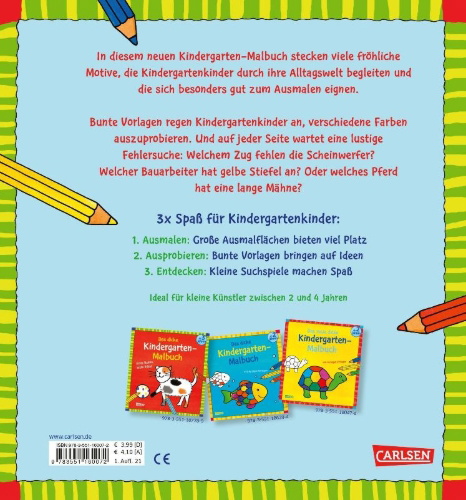Buchcover und Innenansicht für das Buch: Das dicke Kindergarten-Malbuch: Draußen unterwegs