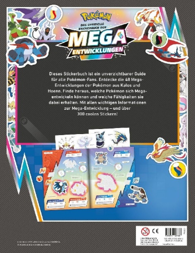 Buchcover und Innenansicht für das Buch: Pokémon The Official Mega Evolutions Sticker Book