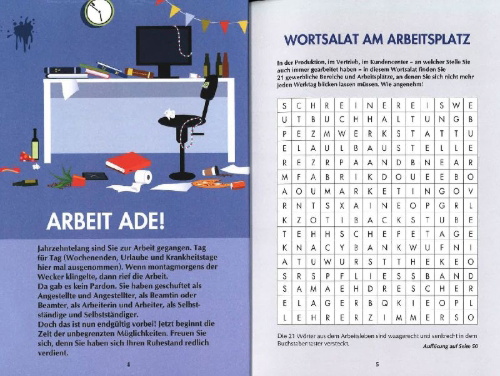 Buchcover und Innenansicht für das Buch: Endlich in Rente! Das Rätselbuch für den Ruhestand