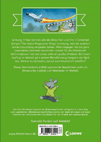 Buchcover und Innenansicht für das Buch: Die schönsten Bildermaus-Geschichten zum Lesenlernen - Dinos, Astronauten und Fußballhelden