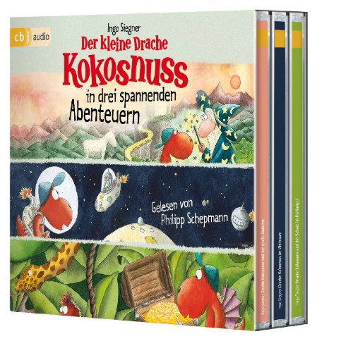 Buchcover und Innenansicht für das Buch: Der kleine Drache Kokosnuss in drei spannenden Abenteuern