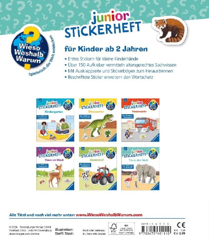 Buchcover und Innenansicht für das Buch: Wieso? Weshalb? Warum? junior Stickerheft - Tiere der Welt