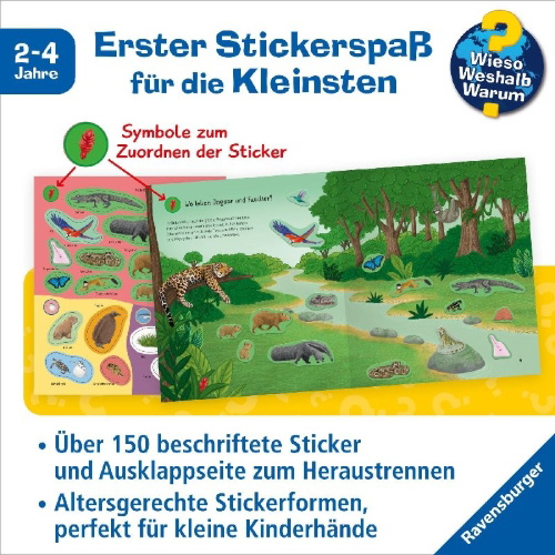 Buchcover und Innenansicht für das Buch: Wieso? Weshalb? Warum? junior Stickerheft - Tiere der Welt